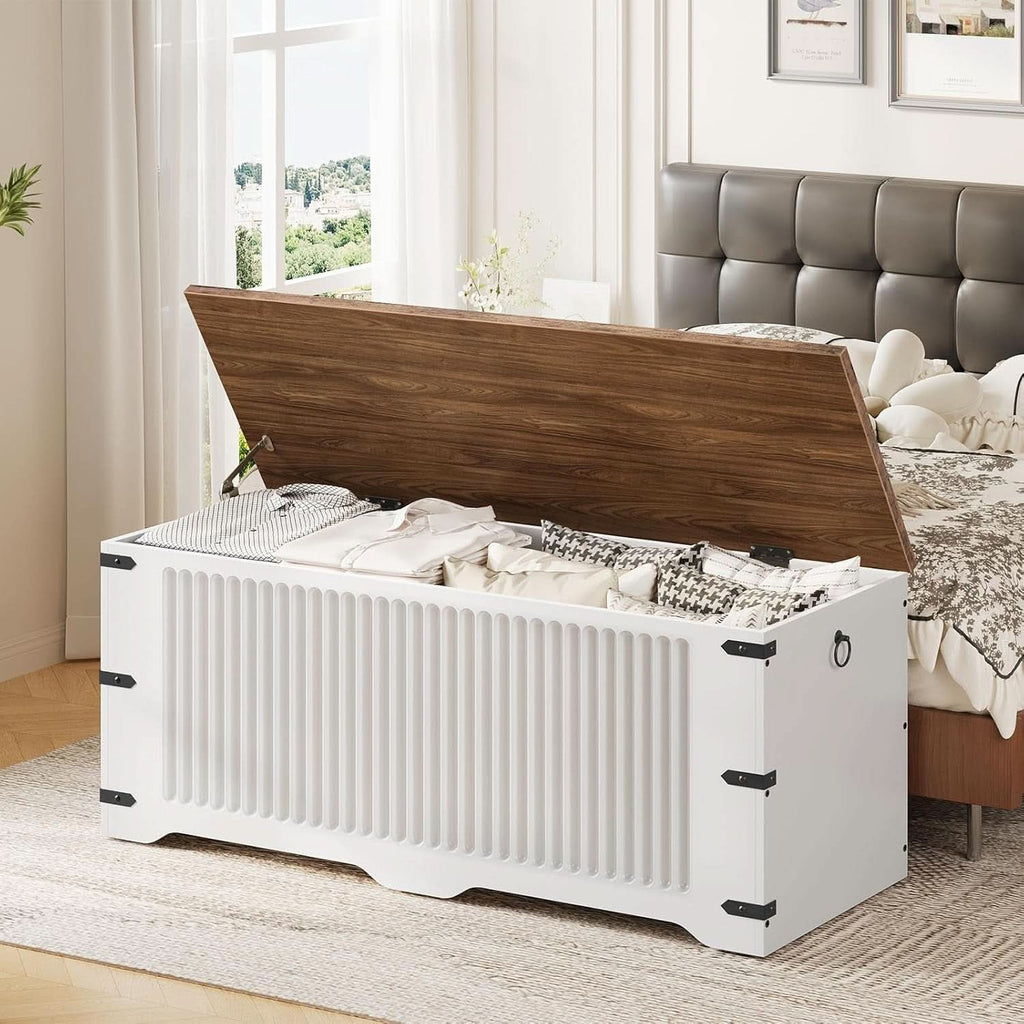 White and walnut farmhouse storage bench toy chest with safety hinge and side pull rings — view 3