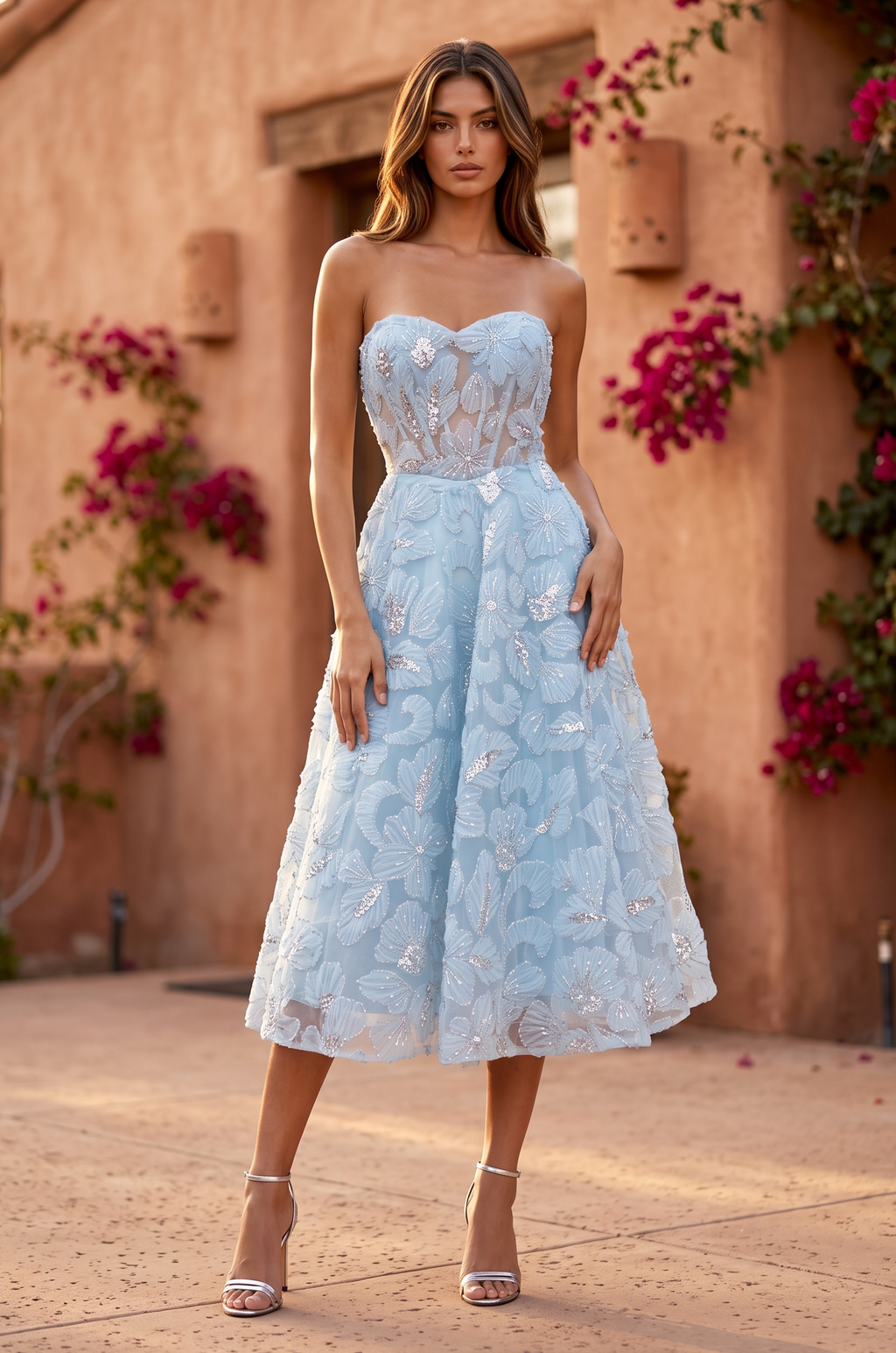 Bandeau Formal A Line Floral Lace Midi Cocktail Dress-0