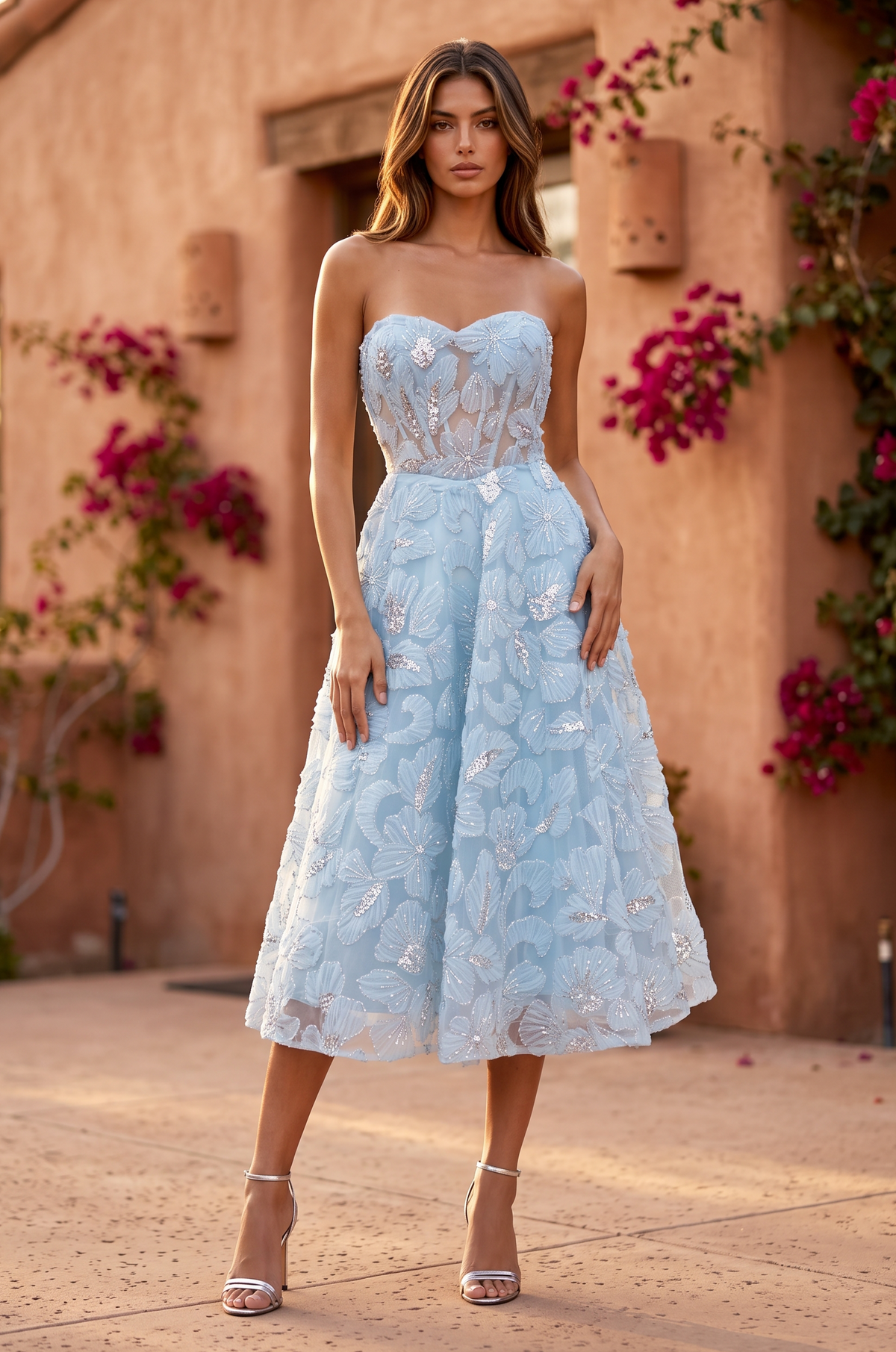 Bandeau Formal A Line Floral Lace Midi Cocktail Dress-0