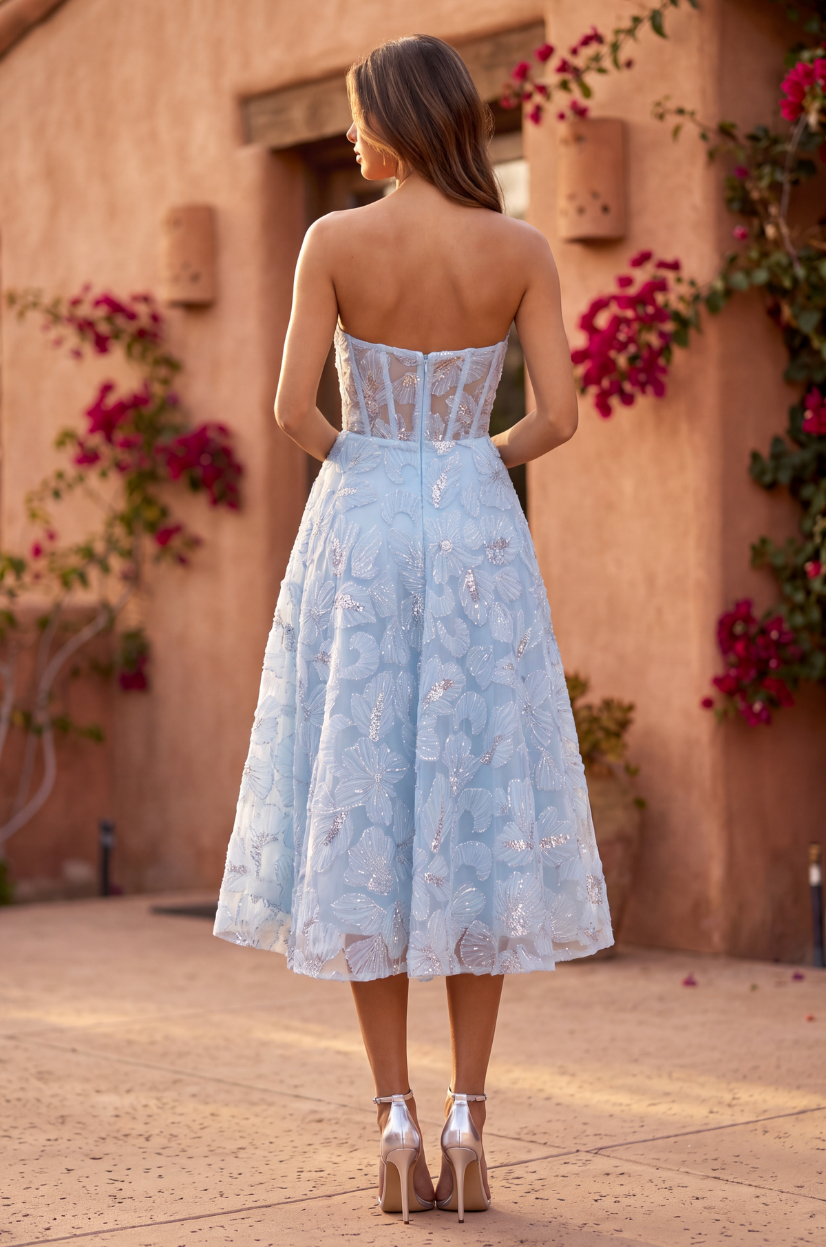 Bandeau Formal A Line Floral Lace Midi Cocktail Dress-2