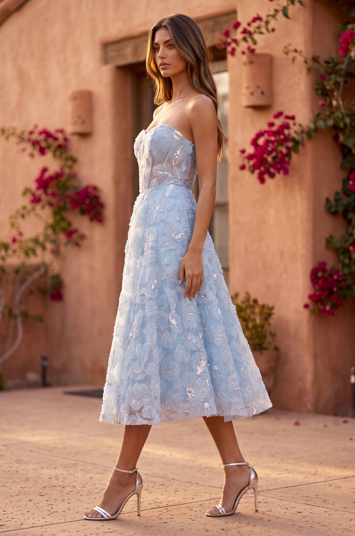 Bandeau Formal A Line Floral Lace Midi Cocktail Dress-1