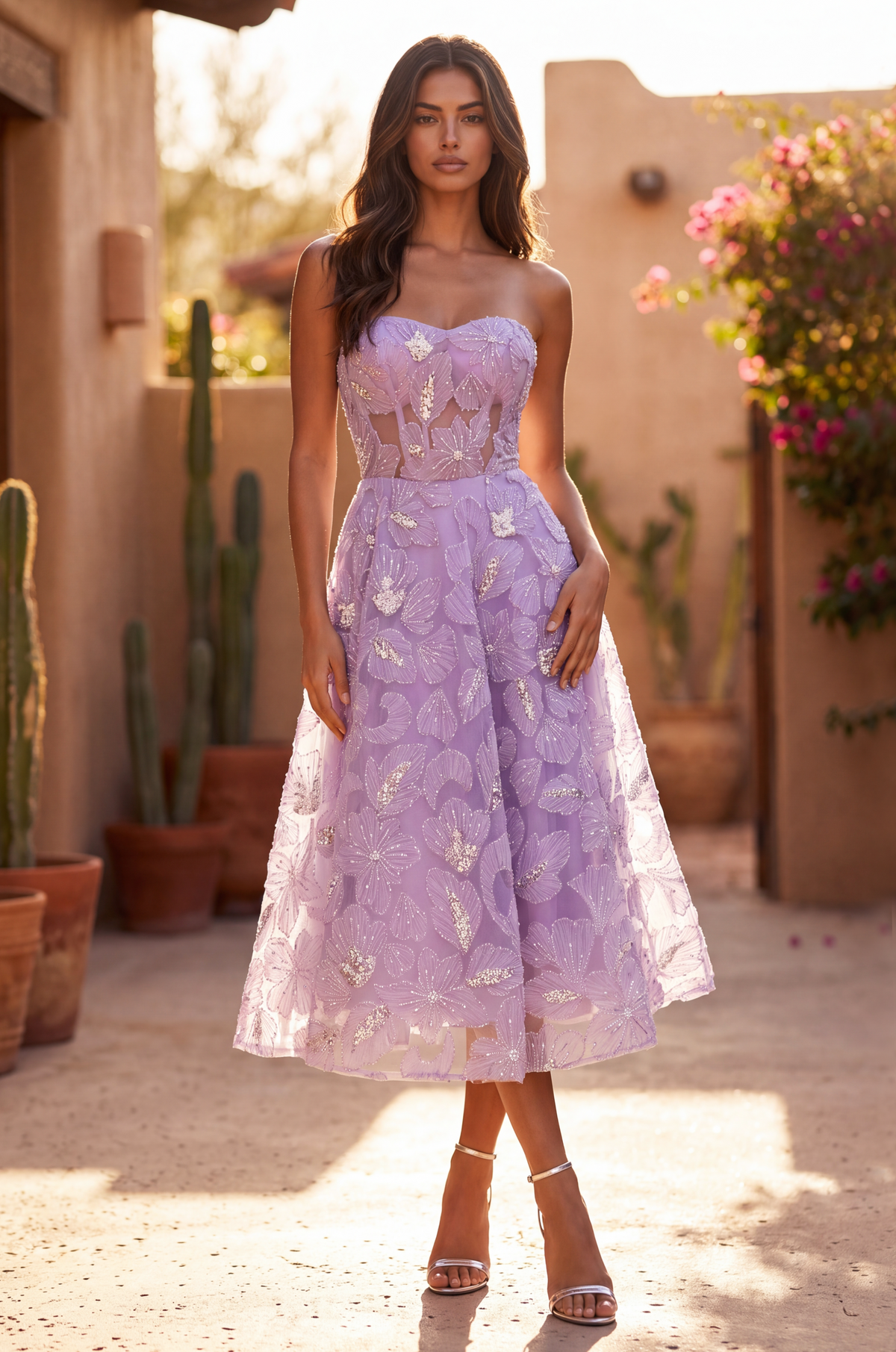 Bandeau Formal A Line Floral Lace Midi Cocktail Dress-5