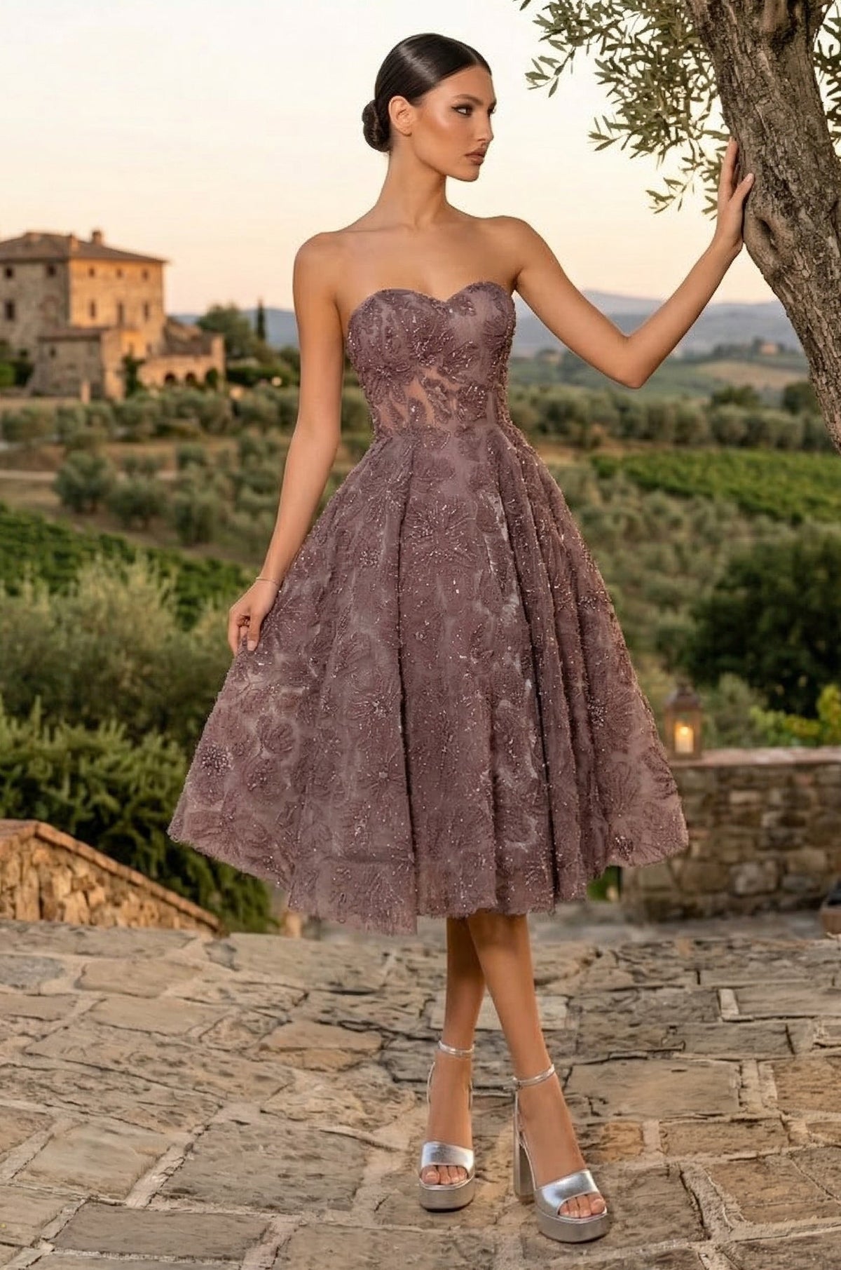 Bandeau Formal A Line Floral Lace Midi Cocktail Dress-4