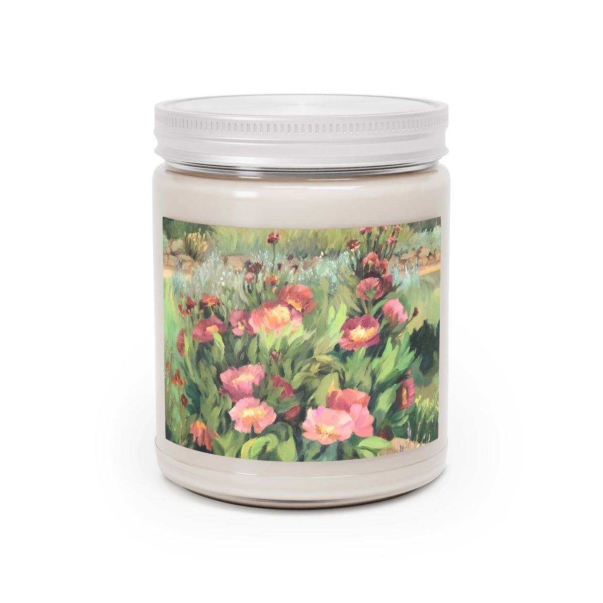9oz Eco-Friendly Scented or Unscented Soy Wax Candle Jar with 'Pink Blooms' Floral Artwork by American Artist Barbara Cleary-5