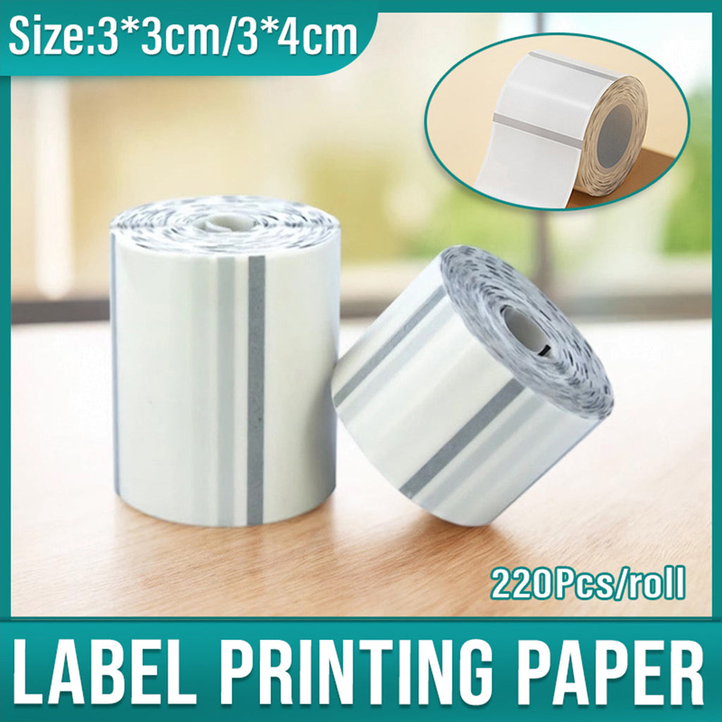 Transparent thermal label printer paper roll with clear water resistant self adhesive stickers.