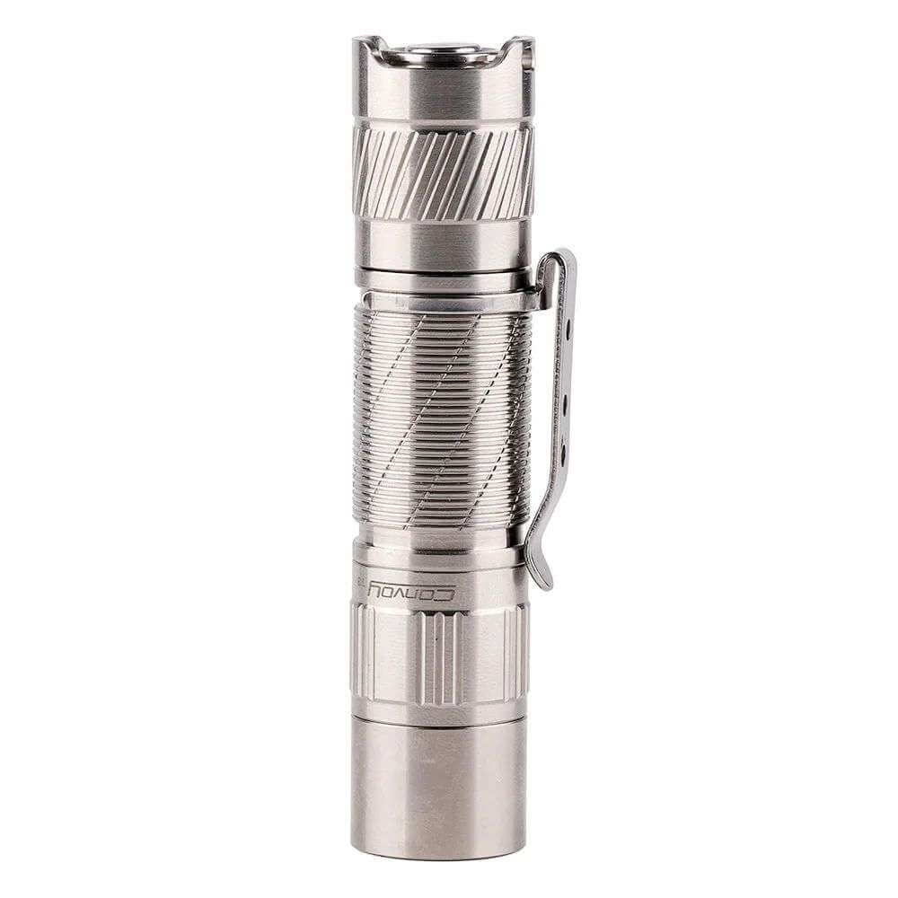 Compact Convoy T3 Ti titanium EDC flashlight with metal pocket clip and lanyard