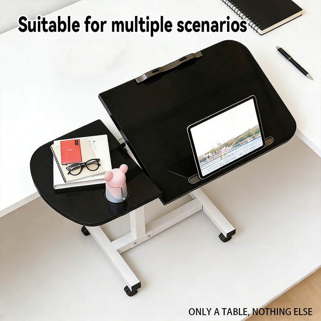Portable adjustable height rolling laptop desk with tilted wood grain tabletop metal frame and caster wheels — view 5