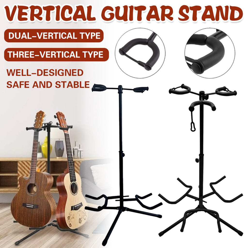 Black steel foldable multi head guitar stand with sponge padding for acoustic and bass instruments