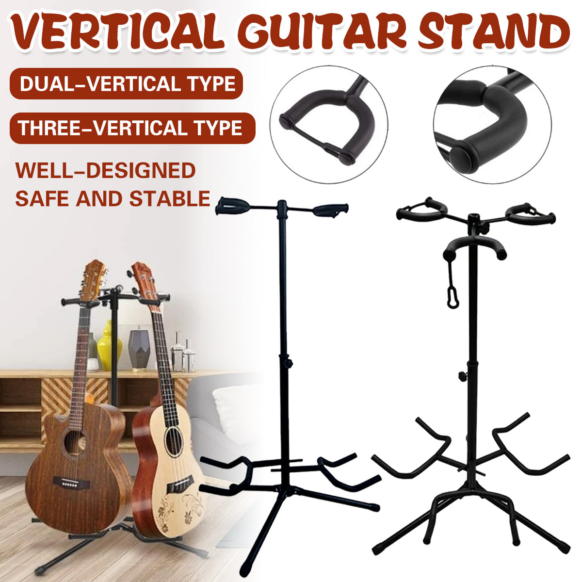 Black steel foldable multi head guitar stand with sponge padding for acoustic and bass instruments