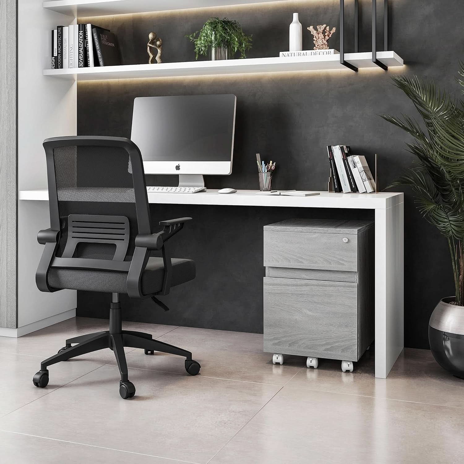 Grey rolling locking two drawer vertical filing cabinet with casters for modern home office spaces — view 2