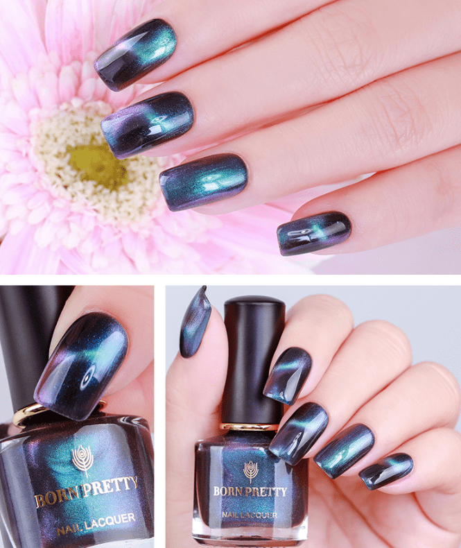 Bottle of 3D holographic chameleon magnetic nail polish with color shifting metallic effects and brush