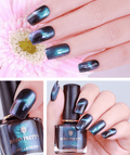 Bottle of 3D holographic chameleon magnetic nail polish with color shifting metallic effects and brush