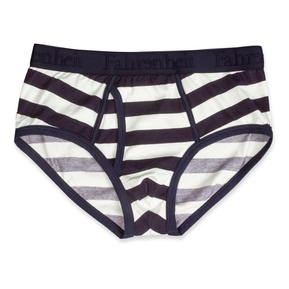 Wayne rugby stripe men's brief in navy and white breathable cotton with a comfortable logo waistband