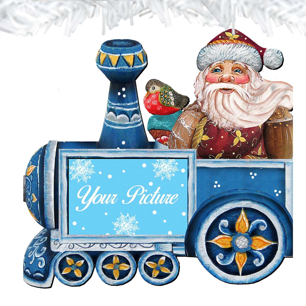 Wooden Christmas picture frame ornament featuring Santa and a snowman on a vintage train ride — view 4