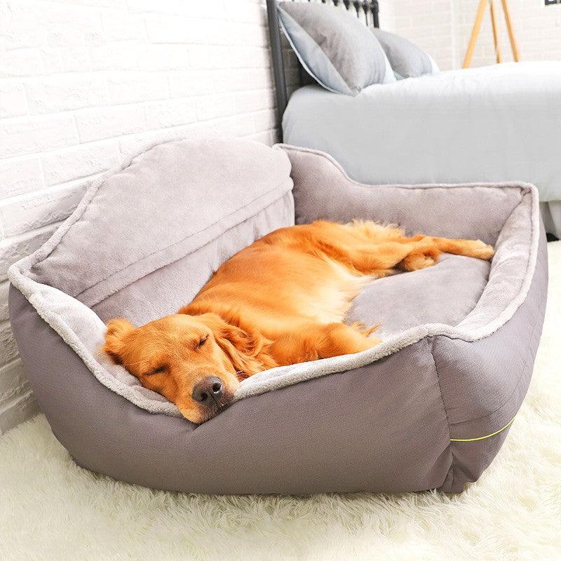 Plush polyester luxury sofa dog bed in a neutral color with cozy raised edges