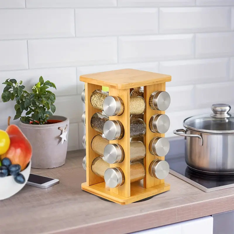 Burlywood natural bamboo revolving 16-jar spice rack organizer for kitchen countertops — view 4