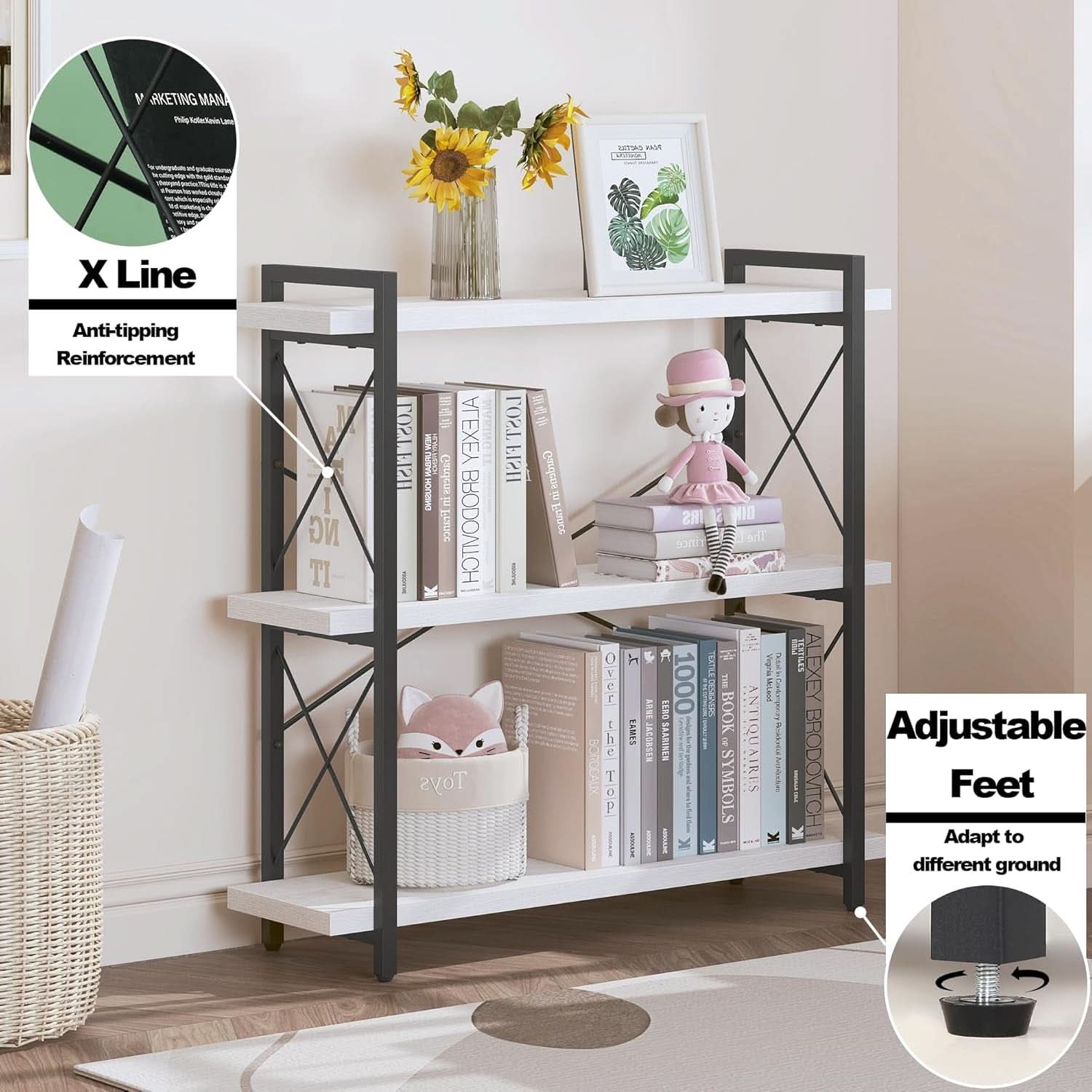 Three tier industrial open bookcase with black metal frame and white wooden shelves — view 3
