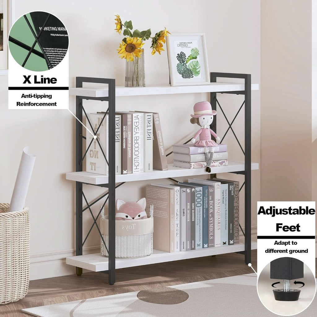 Industrial 3-tier open bookcase with a sturdy black metal frame and white wooden display shelves — view 3
