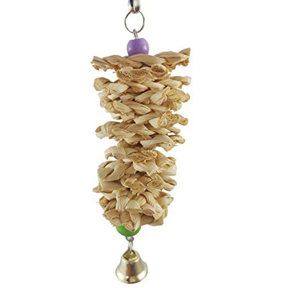 Natural grass bird parrot toy with bell attached to a metal hanging hook for wire cages — view 2