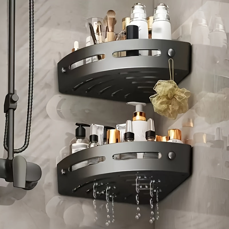 Black plastic no-drill adhesive corner shower caddy wall-mounted in a modern bathroom — view 2