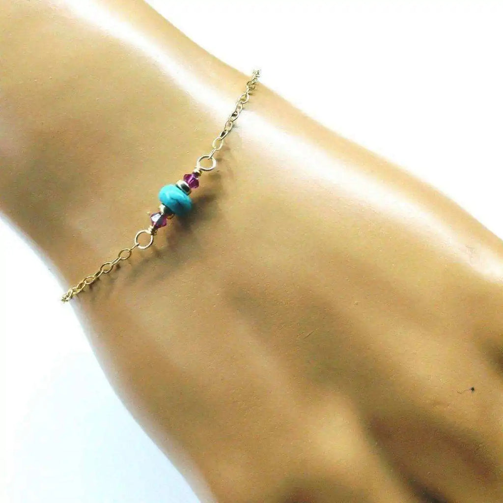 14K Gold Filled Pink and Turquoise Gemstone Dainty Bracelet-2