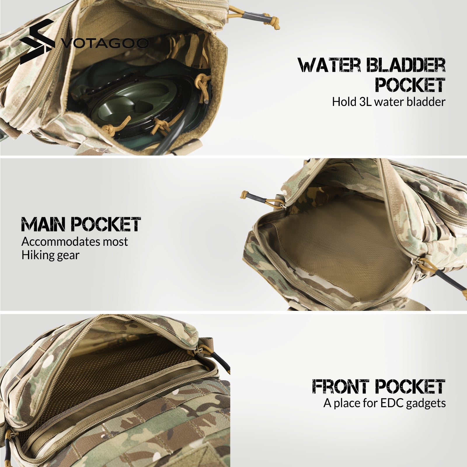 VOTAGOO tactical hydration pack 3L MOLLE compatible carrier made of durable nylon with storage compartments — view 4