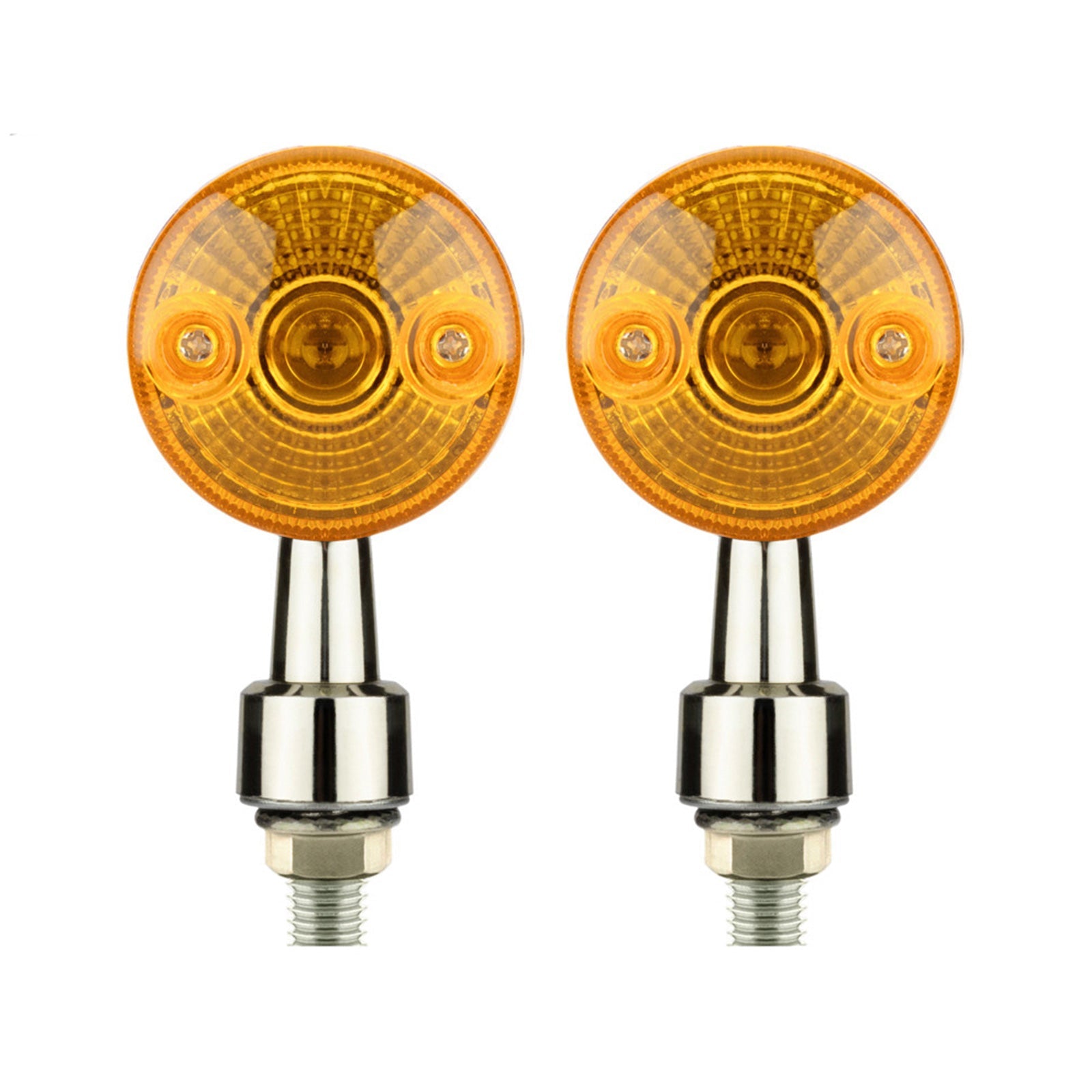 Chrome motorcycle turn signals with bright amber lens and silver housing for custom bike builds.