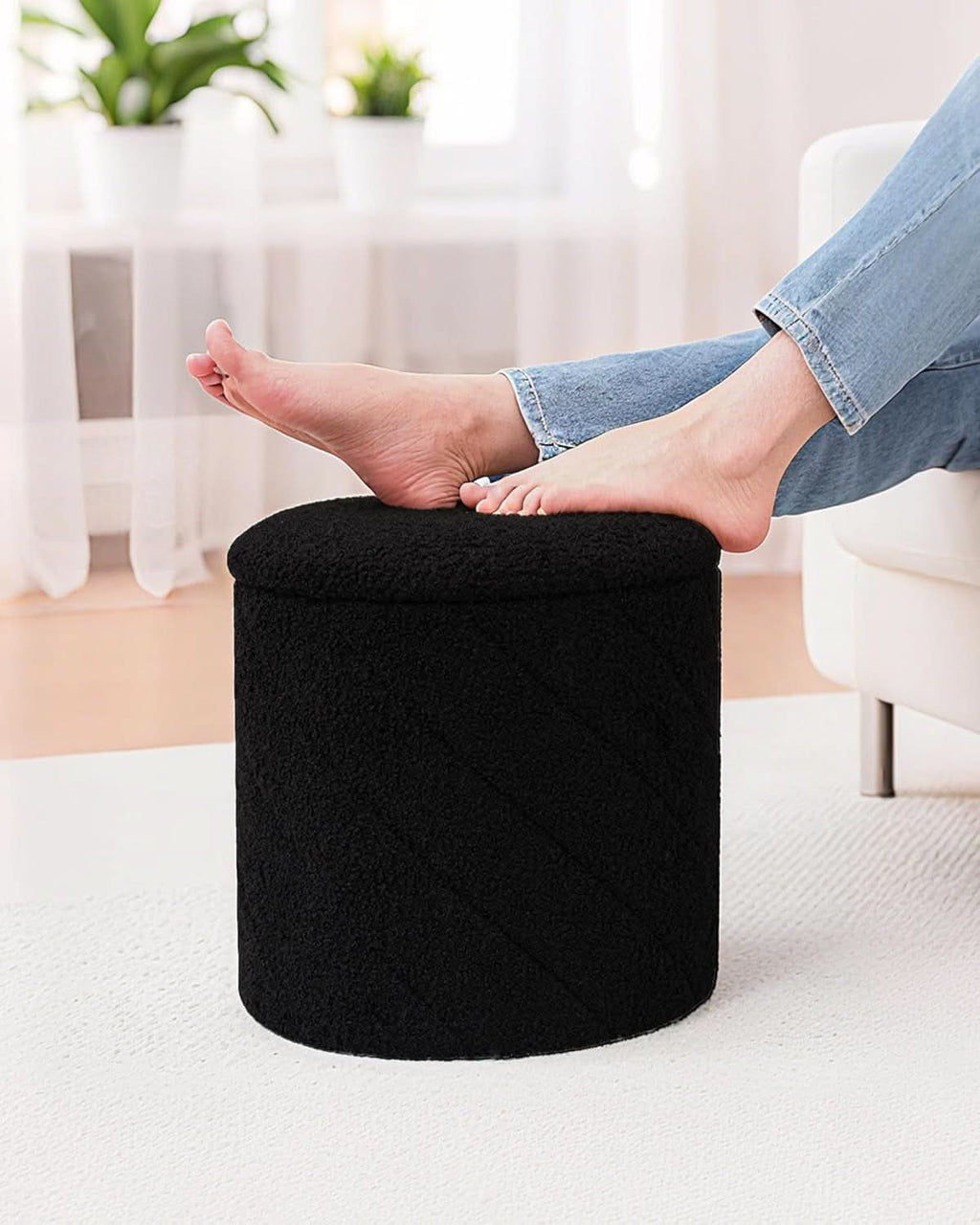 Black teddy boucle round storage ottoman with a wooden tray lid and hidden internal compartment — view 4
