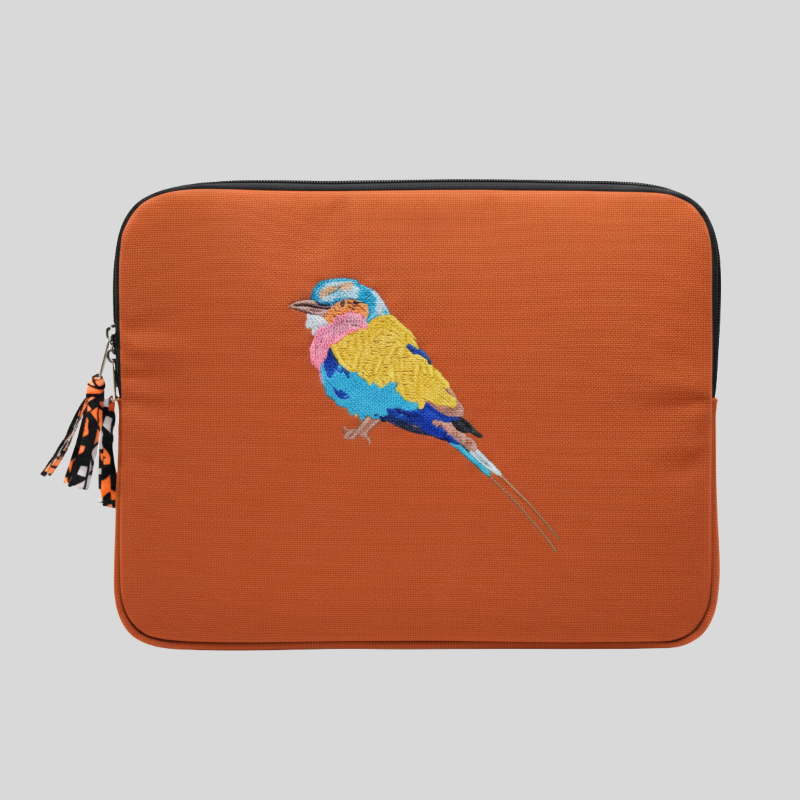 Lilac Breasted Roller laptop sleeve in earthy cotton canvas with stitched bird embroidery for 14-inch laptops — view 5