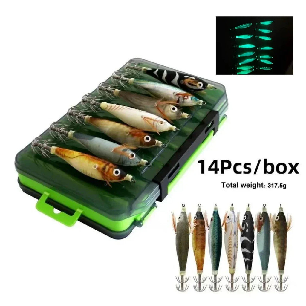 Luminous wood shrimp squid fishing lures in various vibrant patterns with sharp split hooks — view 2