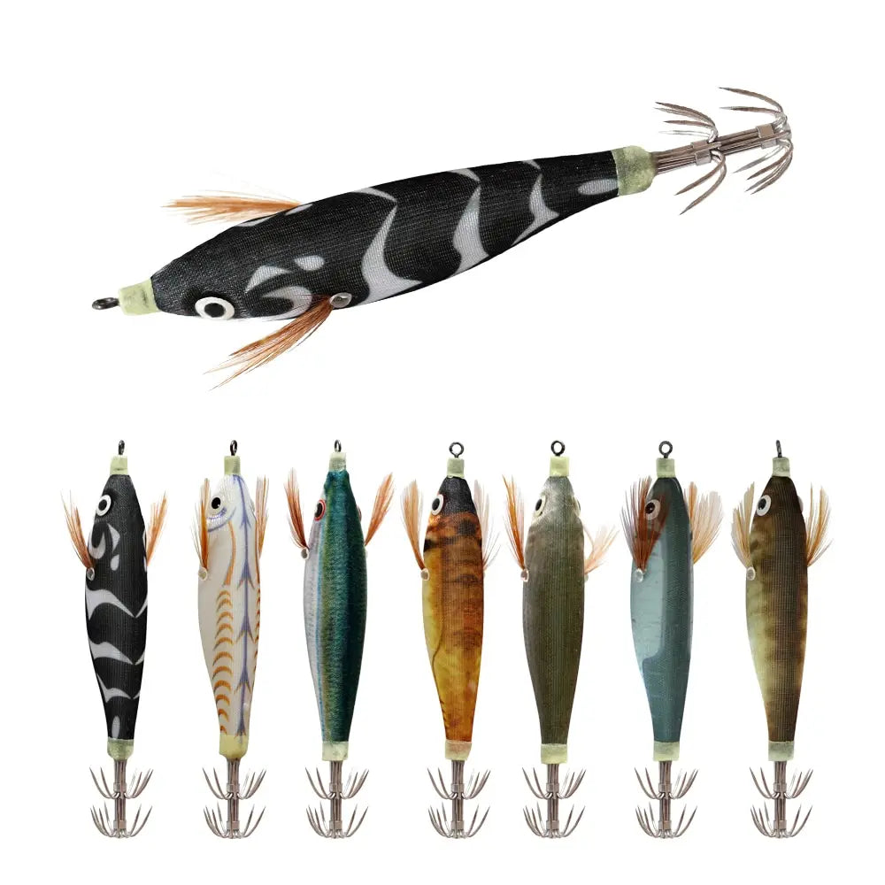 Luminous wood shrimp squid fishing lures in various vibrant patterns with sharp split hooks — view 3