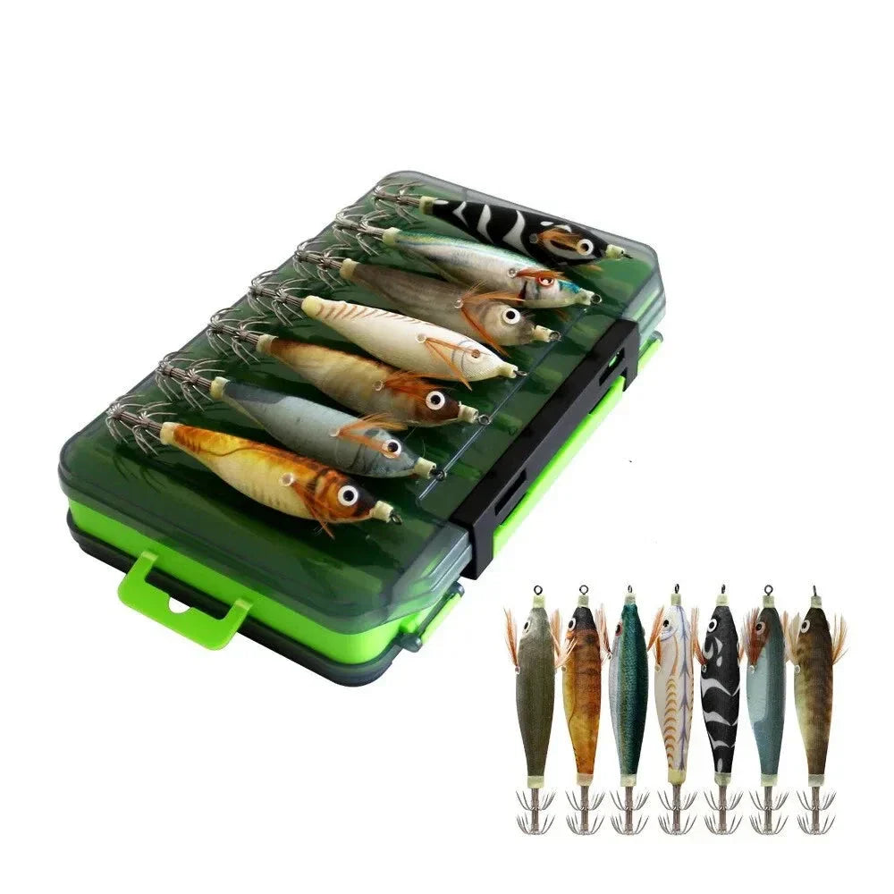 Luminous wood shrimp squid fishing lures in various vibrant patterns with sharp split hooks