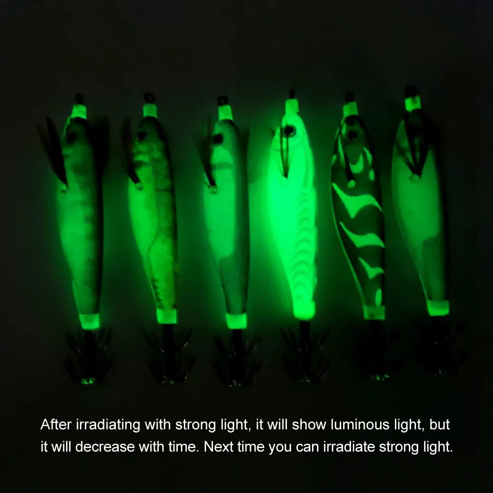 Luminous wood shrimp squid fishing lures in various vibrant patterns with sharp split hooks — view 5