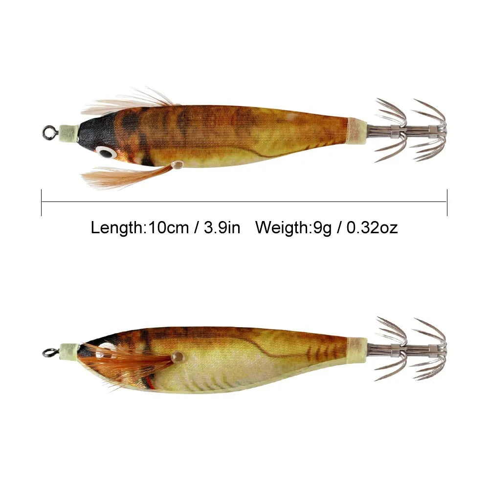 Luminous wood shrimp squid fishing lures in various vibrant patterns with sharp split hooks — view 4