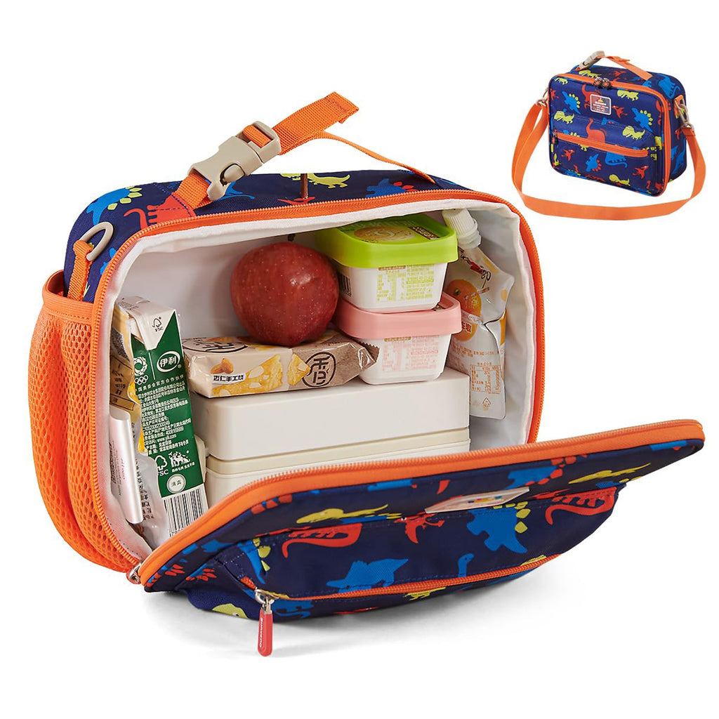 Kids lunch box cooler bag in blue dinosaur design with zippered pockets and water bottle holder — view 2