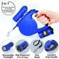 Retractable dog leash with built-in LED lights and waste bag dispenser, featuring an ergonomic handle.