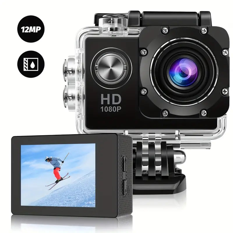 Sleek black HD 1080P sport action camera with waterproof housing and 2-inch LCD screen — view 2