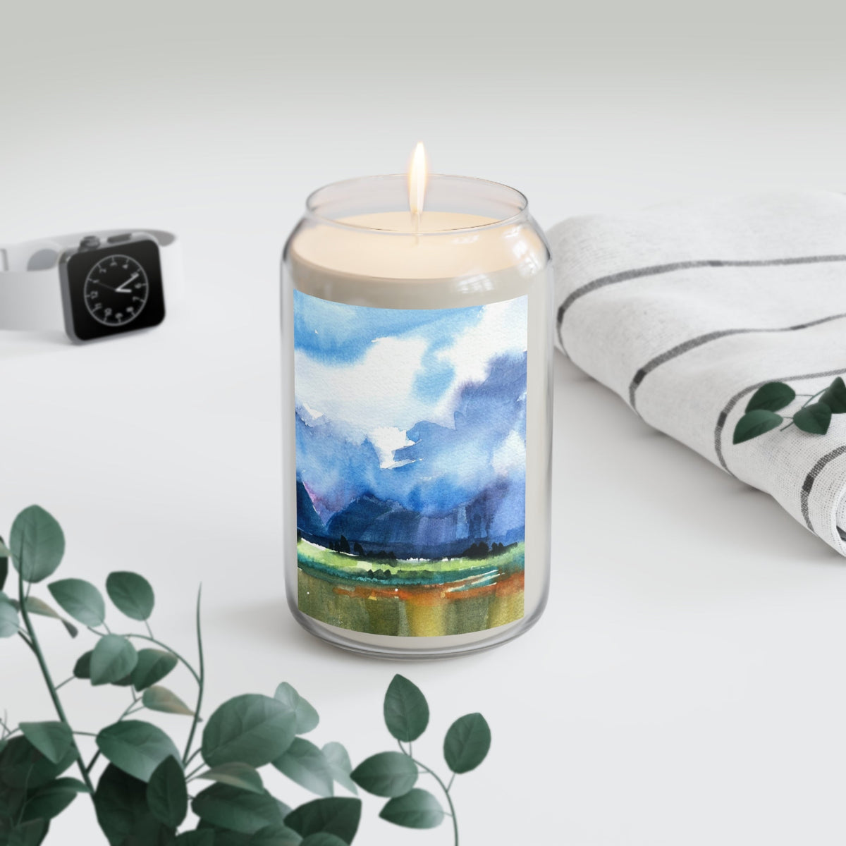13.75oz Eco-Friendly Scented or Unscented Soy Wax Candle Jar with 'Tranquil Mountain View 4' Landscape Watercolor Artwork by American Artist Barbara Cleary-4
