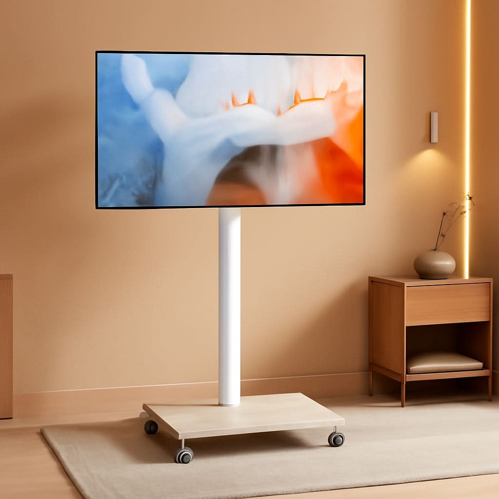 Mobile TV cart on wheels holding a flat screen television with a wood grain base