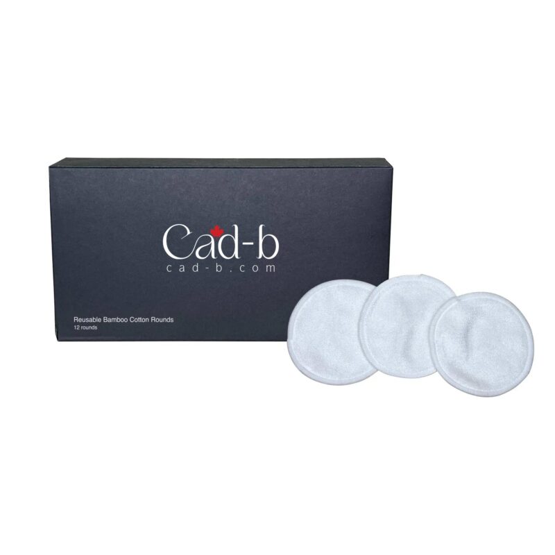Reusable bamboo cotton rounds makeup remover pads, stack of 12 white circular organic facial wipes.