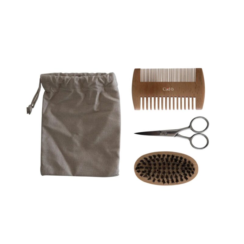 All-in-one men's grooming kit featuring stainless steel scissors, nylon comb, and bamboo beard brush