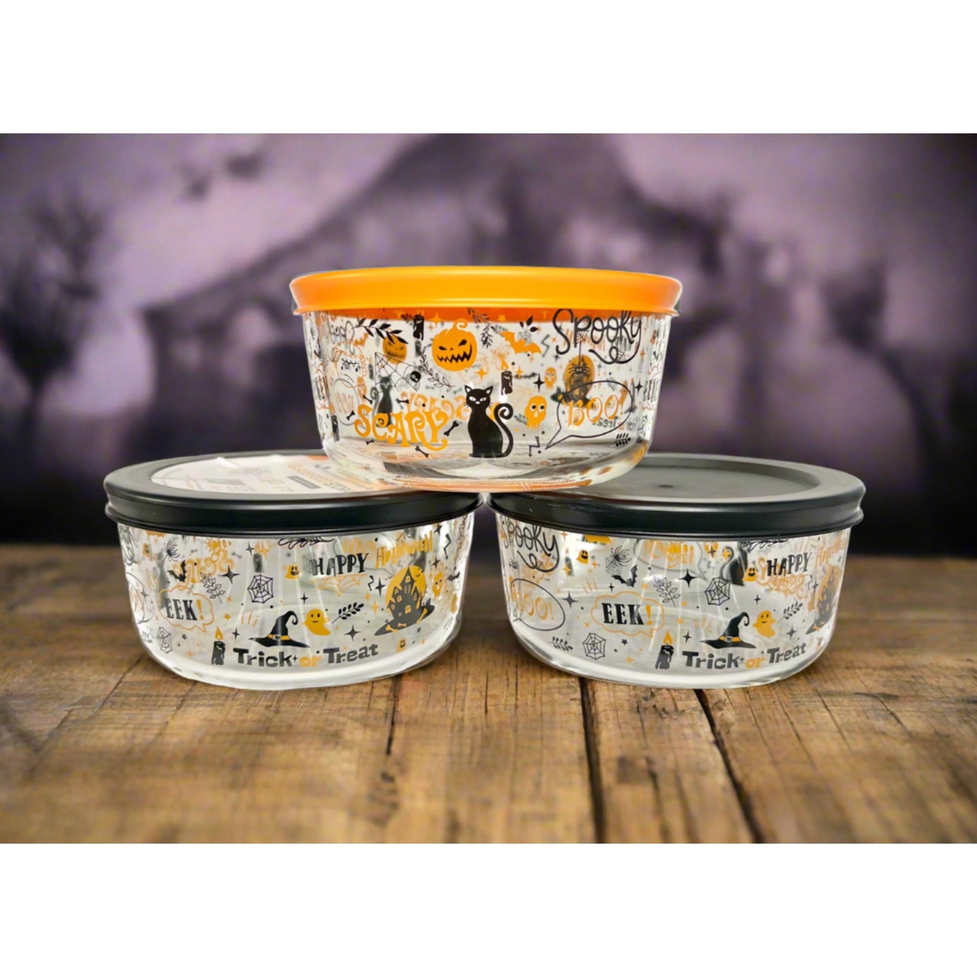 Halloween themed 2-cup glass storage containers with airtight lids in festive patterns — view 3