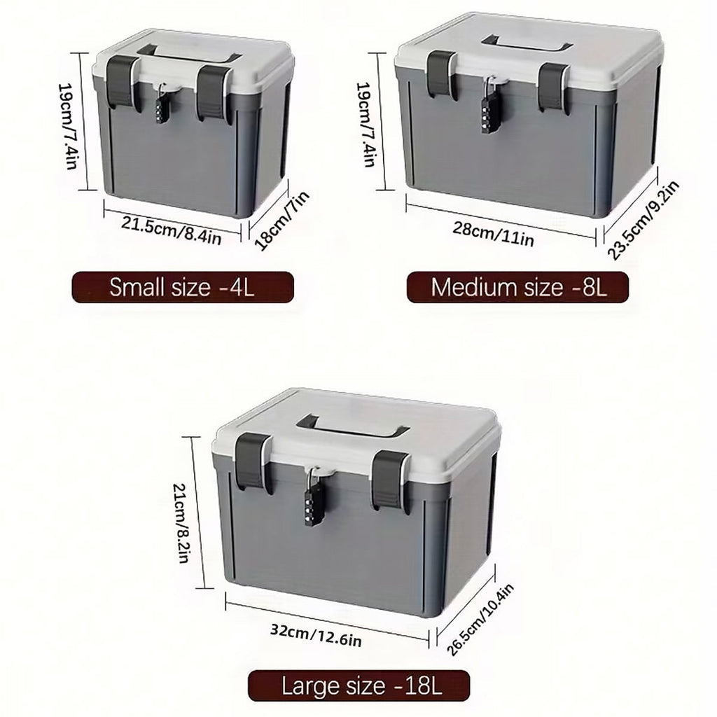 Lockable document storage box in grey and white with combination lock and built-in handle — view 3
