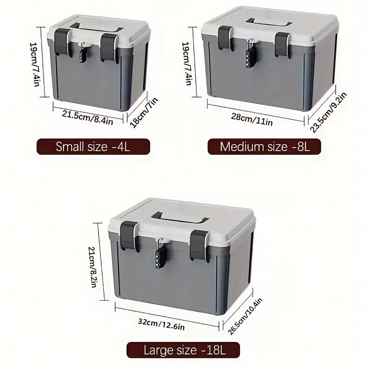 Lockable document storage box in grey and white with combination lock and built-in handle — view 3
