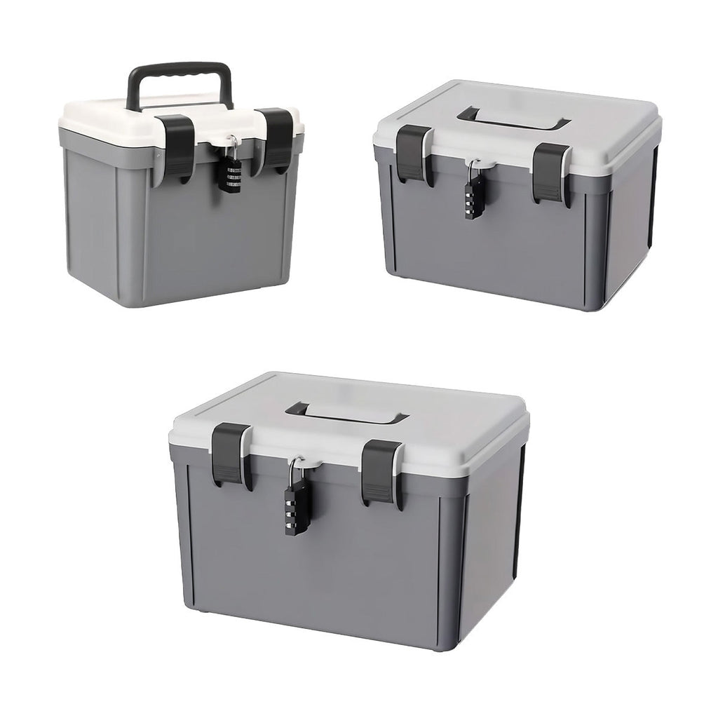Lockable document storage box in grey and white with combination lock and built-in handle — view 2