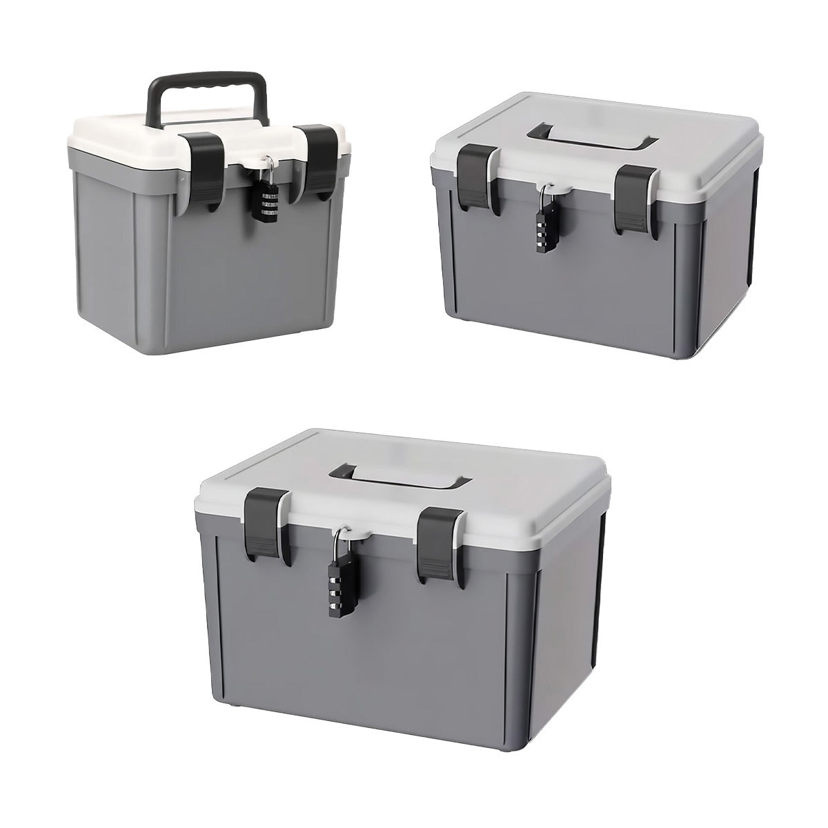 Lockable document storage box in grey and white with combination lock and built-in handle — view 2