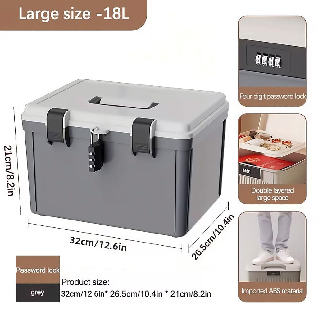 Lockable document storage box in grey and white with combination lock and built-in handle — view 4