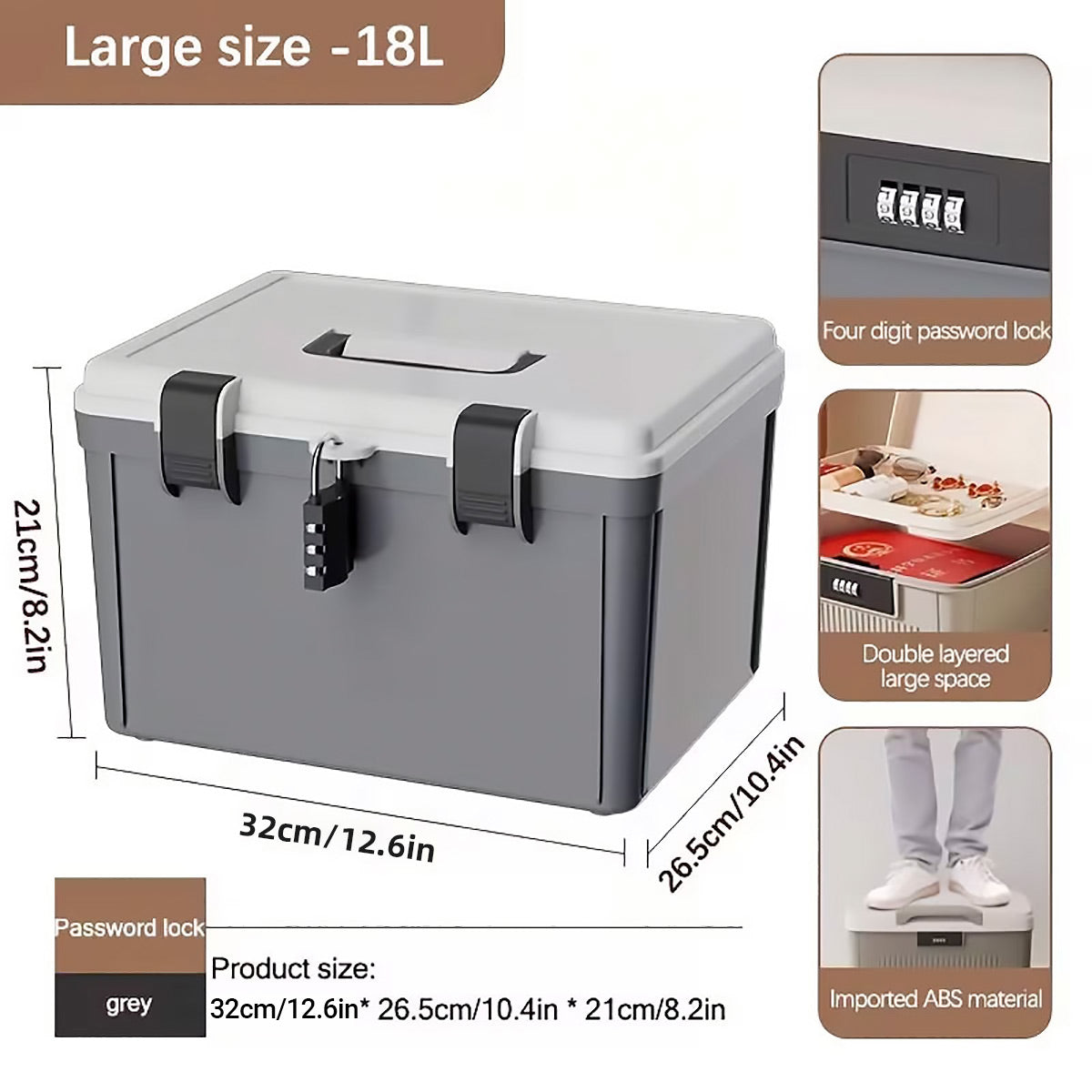 Lockable document storage box in grey and white with combination lock and built-in handle — view 4
