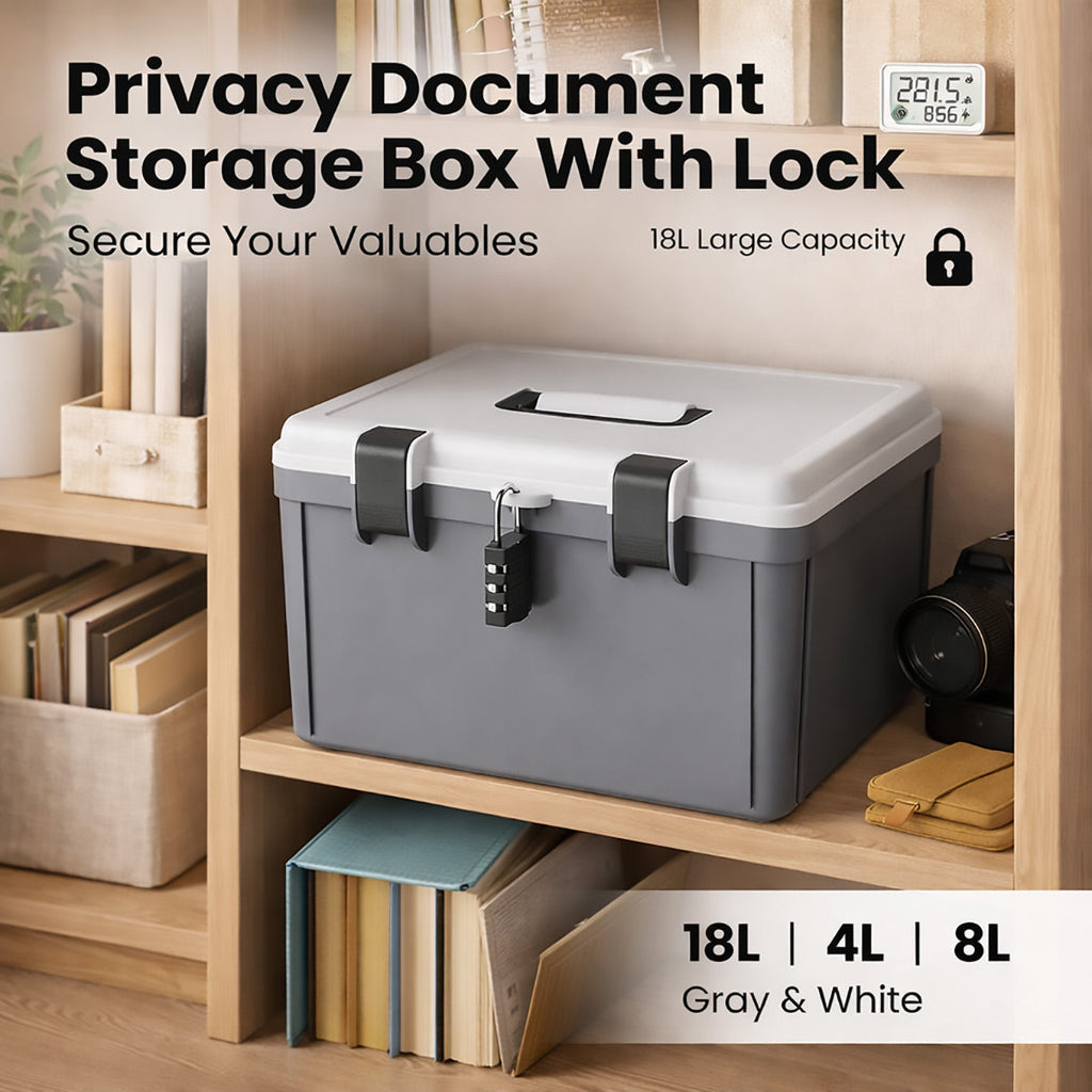 Lockable document storage box in grey and white with combination lock and built-in handle