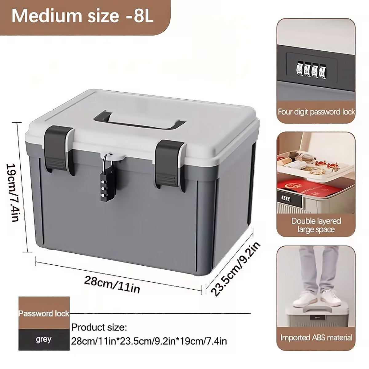 Lockable document storage box in grey and white with combination lock and built-in handle — view 5